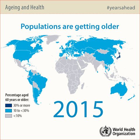 mappa che indica l'invecchiamento nel mondo tra 2015 e 2050